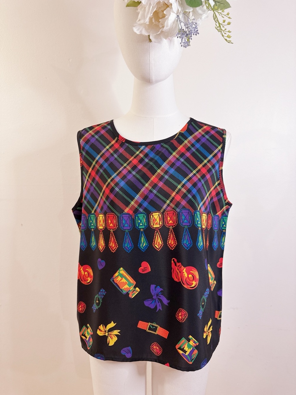 Vintage Colorful Jewel & Tartan Print Tank Top 💎🌈